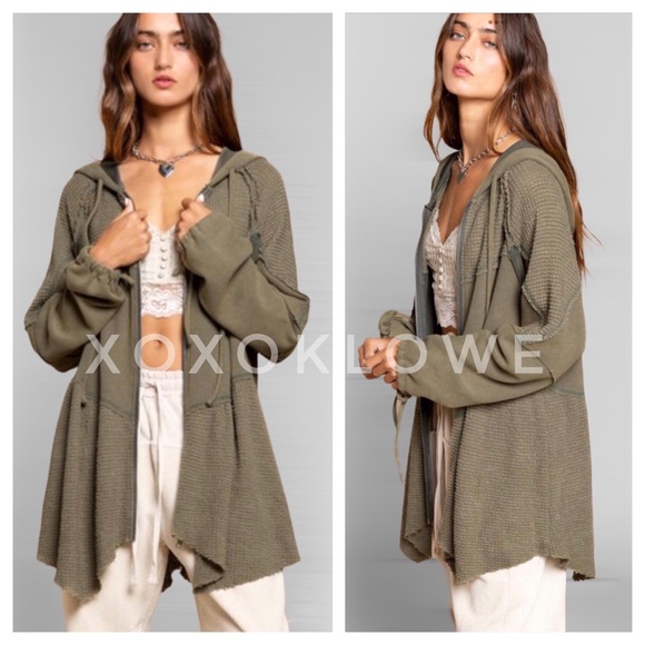 POL Olive Green Zip Up Hoodie Long Line Asymmetrical Hem - Picture 5 of 10